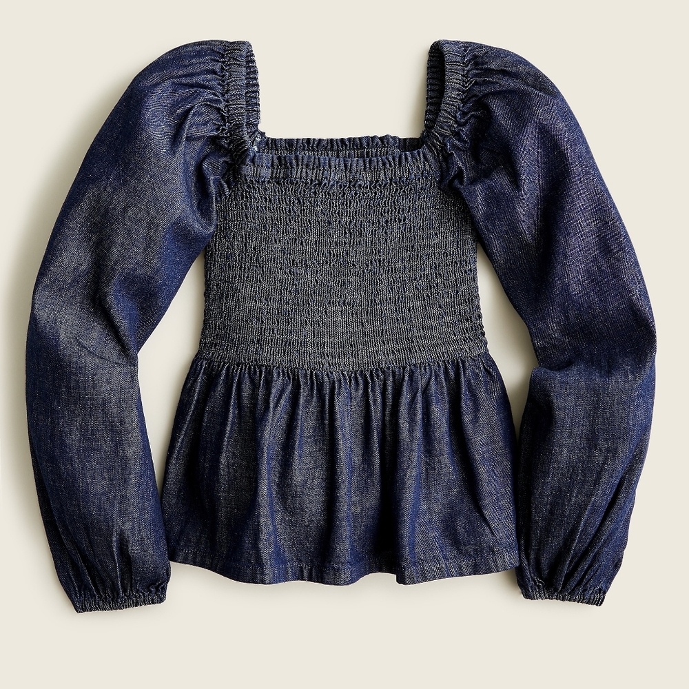 New! J. Crew sz Medium M Denim Chambray Smocked Puff Long Sleeve Top NWT - Picture 4 of 13